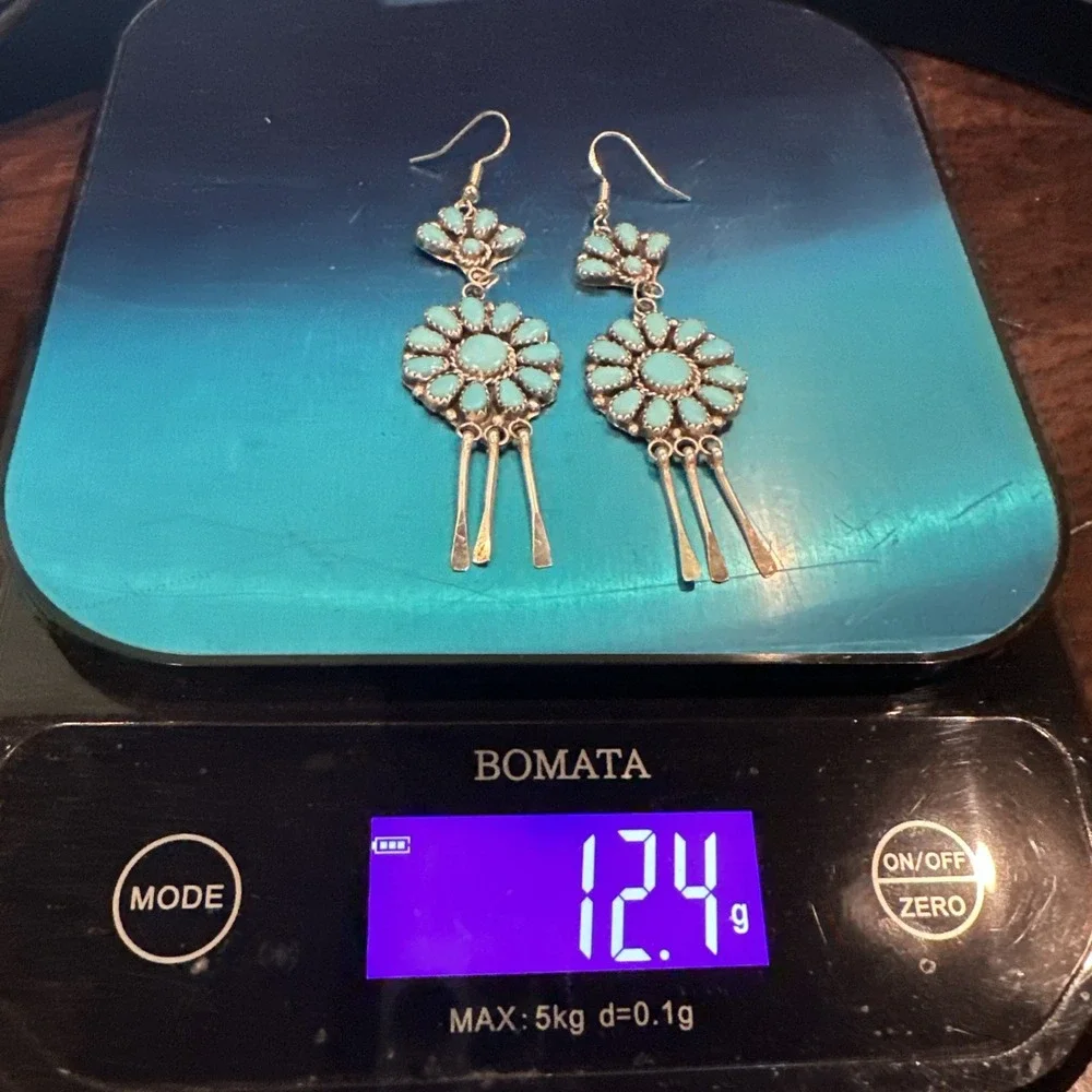 Vintage Zuni Hook Dangle Earrings 3.4 Inch Blue Turquoise 925 Sterling 12.5g